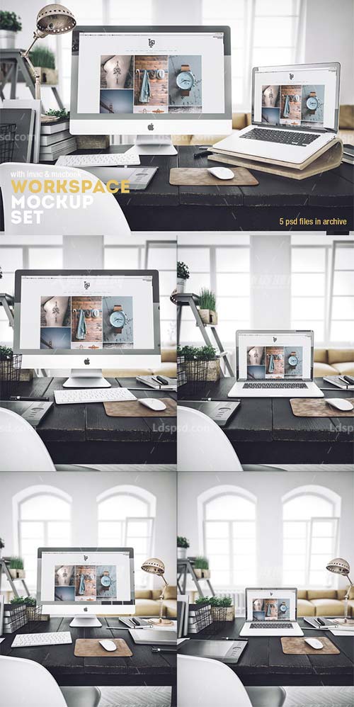 Workspace Mockup Set 4,5个逼真的电脑屏幕展示模型